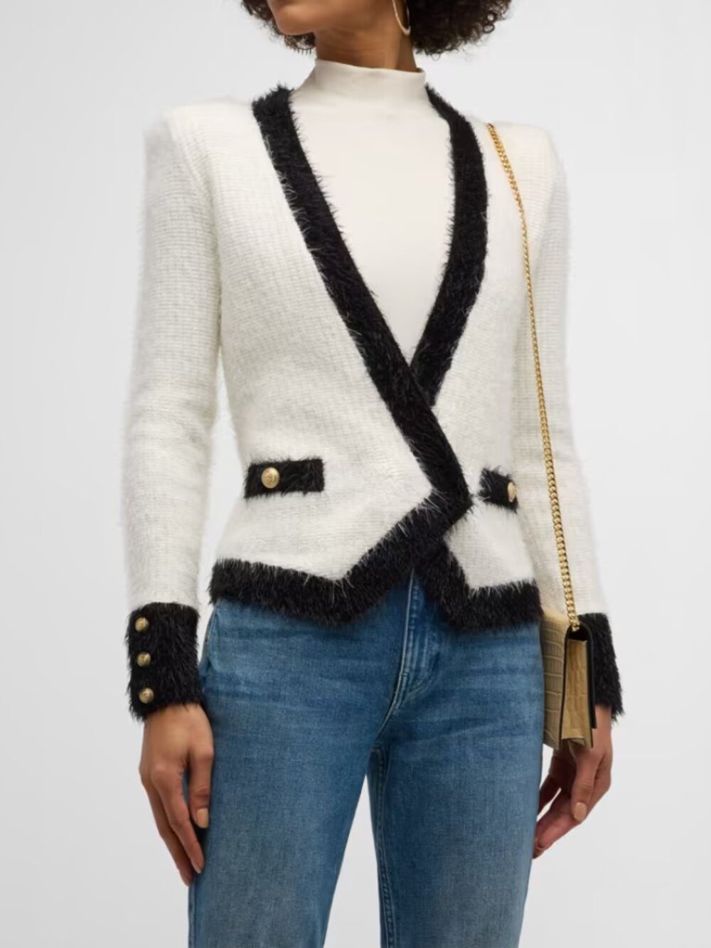 L'AGENCE 'Georgia' Fuzzy Cardigan Sweater Blazer, White/Black
